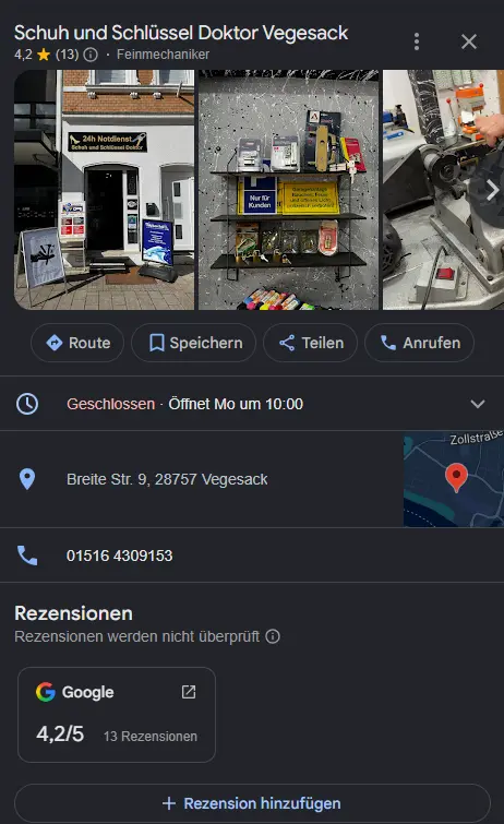 Google-Unternehmensprofil des Schuh- und Schlüsseldoktor Vegesack